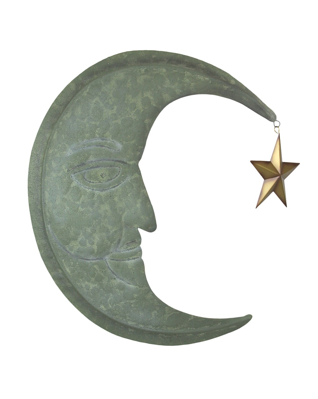 Weathered Verdigris Green Finish Metal Crescent Moon Wall Hanging Star Dangler